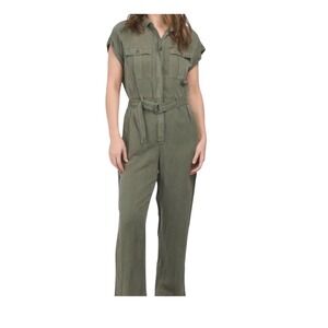 Nicole Miller New York Womens Utility Jumpsuit Olive Green Belted Size 4 Cap Slv